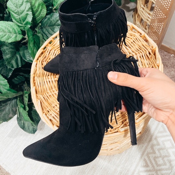 Wild Diva Shoes - Wild Diva black fringe heeled ankle boots